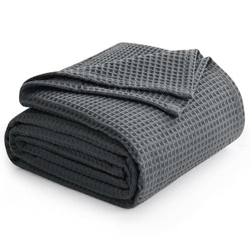 Image of Aisbo Waffle Throw - Charcoal Grey Lightweight King Size Blanket for Bed, Sofa, Couch - Extra Large Throw 230x270cm, Breathable Woven Soft Blanket for Hot Sleepers