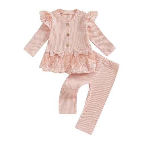Image of Geagodelia Toddler Baby Girl Fall Winter Outfits Ruffled Long Sleeve Lace/Striped/Polka Dot Print Sweatshirt Ribbed Shirts Top with Long Pants 2Pcs Clothing Set for Little Girls (Pink, 18-24 Months)