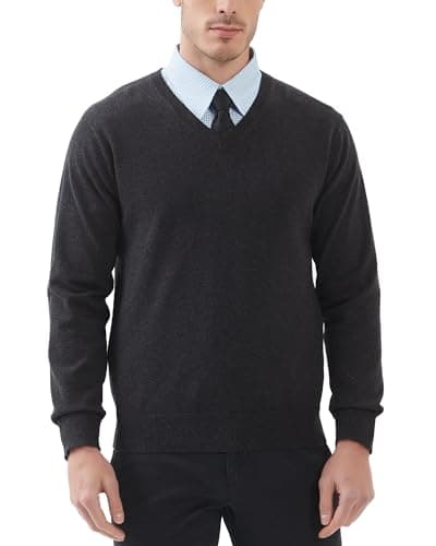 Image of Kallspin Men’s Pure Cotton V Neck Jumper Sweater Knit Pullover Long Sleeve Smart Casual Knitwear(Charcoal, L)