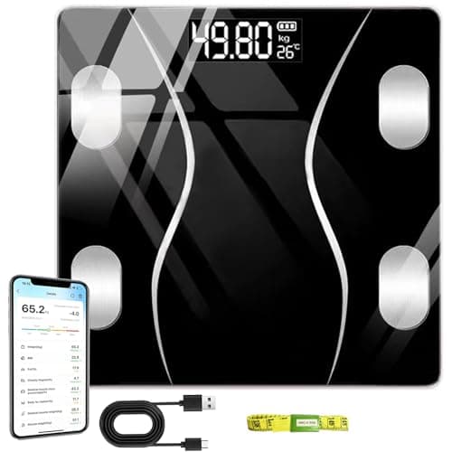 Image of Digital Body Fat Scale with Bluetooth App Smart Bathroom Scales for Body Weight USB Rechargeable 400lbs/180kg Large LCD Display for BMI Muscle Mass Bone Includes Body Tape Measure