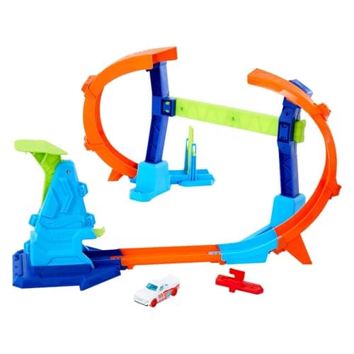 Image of Hot Wheels Toy Car Track Set, Flip & Jump Through the Corkscrew Loop with a 1:64 Scale Toy Car, Speed Snap Track & Adapters, Compresses for Storage, JFH36
