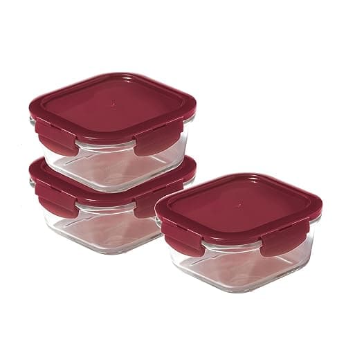 Image of LocknLock Eco Ovenglass Glass Food Containers with Lids Set of 3 - Airtight, Leakproof Square Food Storage Containers with Recycled Plastic Lids, Oven Safe, Dishwasher Safe, 3 x 500ml