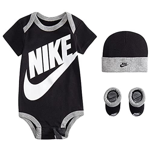 Image of NIKE Children's Apparel Baby Boys' Hat, Bodysuit and Bootie Three Piece Set Socks, Black Sportswear, 0-6 Months