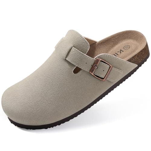 Image of shevalues Women's Suede Clogs Leather Mules Cork Footbed Sandals Slides Potato Shoes with Arch Support Grey
