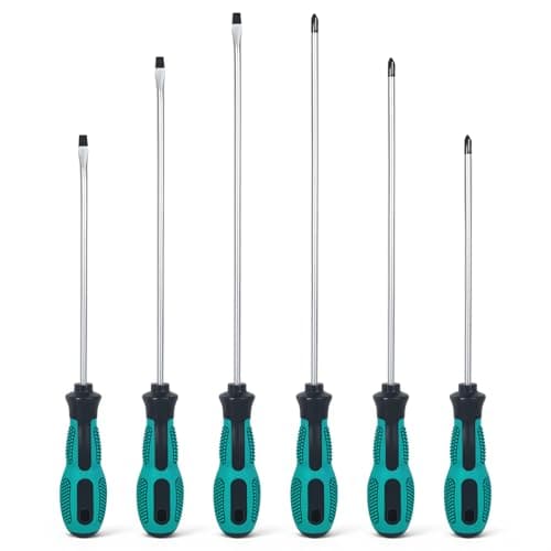 Image of Hikrxya 6pcs Professional Long Reach Screwdriver Set, 3 Flat + 3 Cross Heads with Extra Long Reach, Magnetic Tips Phillips Slotted Screwdrivers & Soft Grip Handles (3 Sizes)