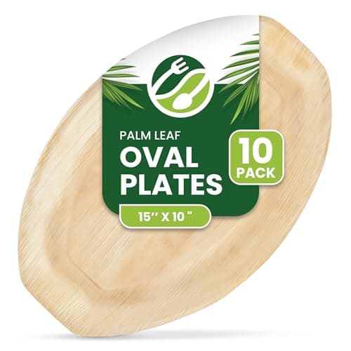 Image of ECO Leaf 10 Disposable Palm Leaf Serving Platters, Large Oval 15" x 10" (36cm x 25cm), Trays Starters Canape Wedding Plates, Like Wooden Plates | Sturdy Hot Food Trays, Eco-Friendly Food Trays
