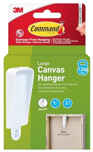Image of Command Large Canvas Hanger Hook, - 1 Hook and 2 Adhesive Strips, White - Damage Free Hanging - for Canvas Framed Pictures, Prints and Art - Holds up to 1.3kg