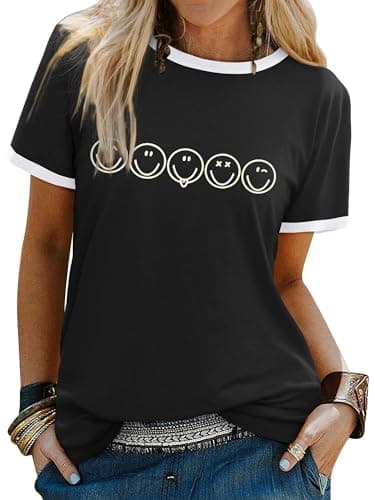 Image of WIEIYM T Shirt Women Crew Neck T-Shirts Summer Tee Smile Graphic Tshirt Happy Unisex Basic Cotton Tops