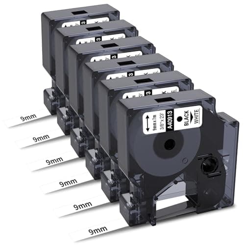 Image of 6Pk Compatible with Dymo 9mm x 7m D1 Label Tape 40913 S0720680 Tape Cassettes for DYMO LabelManager 160 210D 360D 420P 450D D1 Label Maker Refills, Black on White