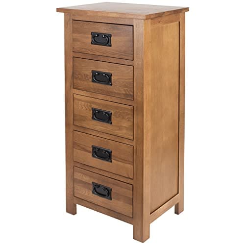 Image of Aurotrice Chest of Drawers OAK 5 Drawers Cabinet Narrow Storage Organiser Unit with Solid wood Legs for Living Room Bedroom Hallway