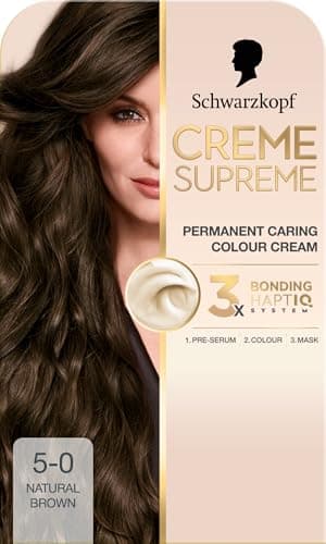Image of Schwarzkopf Creme Supreme 5-0 Natural Brown, Permanent Hair Dye, Caring Hair Dye Colouration with 3-Step Bonding System Against Damage, 100% Grey Coverage