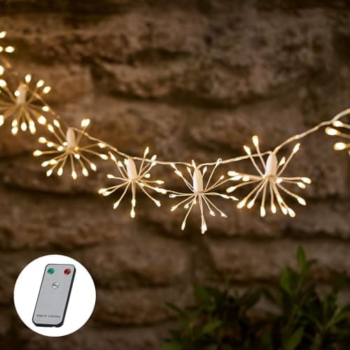 Image of Lights4fun 200 Warm White LED Solar Powered USB Starburst String Fairy Lights on Clear Cable IP44 Rated for Outdoor Use