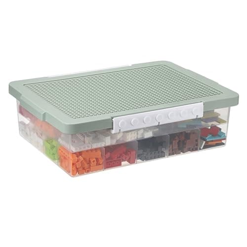 Image of OGANAZI Plastic Building Block Bricks Storage Box Containers with Sorting Tray and Building Plate Lid, Lego Box Lego Organiser with Snap, Double Layers and 30 Compartments, Green, 32.5 * 23.5 * 11cm