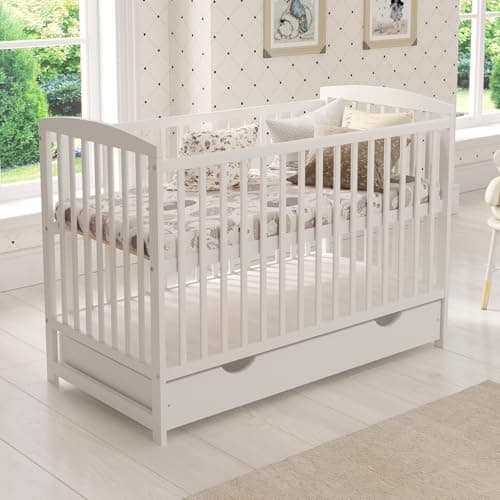 Image of Love For Sleep JACOB Baby Cot Bed 120x60cm with Quilted Microfiber Foam Mattress – Convertible Wooden Toddler Bed with Large Drawer with Anti-Dust Cover, Guard Rail and Teething Rails (White)