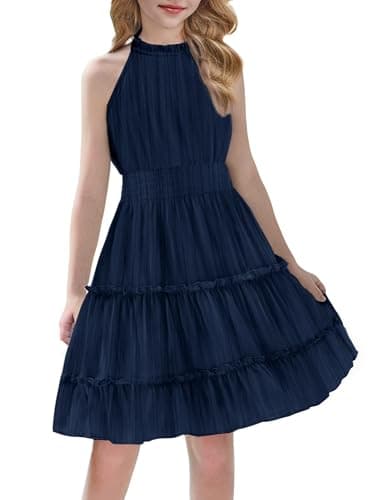 Image of Arshiner Girls Sleeveless Dress Chiffon Halter Neck Party Solid Color Casual Dresses Kids A-Line Midi Dress Festive Dresses for Children Navy Blue 12-13 Years
