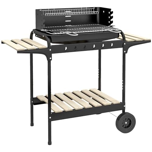 Image of Outsunny Charcoal Barbecue Grill with Adjustable Grill Height, Portable BBQ Trolley with Ash Catcher and Wheels for Outdoor Garden Party Cooking, Black