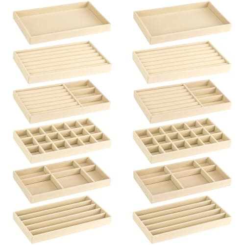 Image of BOJVESH 12 Pcs Velvet Stackable Jewellery Trays, Off-White Jewellery Drawer Organiser, Large Removable Display Jewellery Tray, Necklace Bracelet Storage Box for Earring, Ring, Brooch, Watch