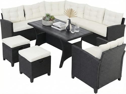 Image of CASARIA® Premium Poly Rattan Garden Furniture | WPC Dining Table & Chairs Set | Outdoor Patio Conservatory Corner Sofa | Wicker Lounge Bench Seating | 9 Seater | Black With Cream Cushions