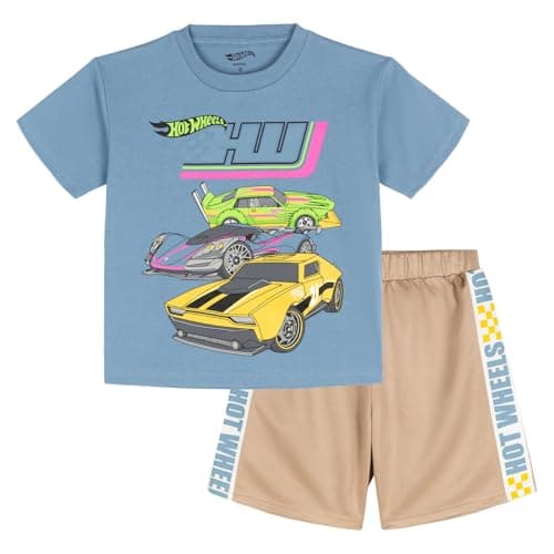 Image of Hot Wheels Toddler Boys T-Shirt and Shorts Outfit Set Steel Blue/Beige Taupe 3T