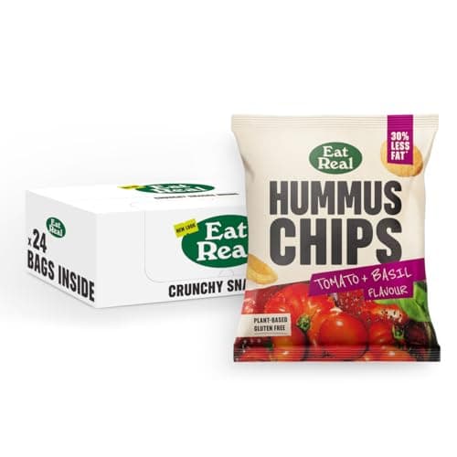 Image of Eat Real, Hummus Chips, Tomato and Basil, 24 X 22g, Gluten-Free Crisps Multipack, Vegan-Friendly, Healthy Snacks, Plant-Based