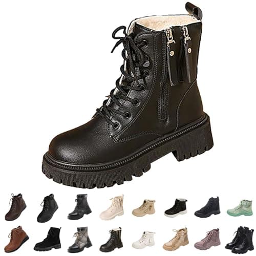 Image of platform trainers for women Women's Lace up Combat Boots Fashion Mid Calf Biker Ankle Booties Causal Leather Waterproof Military Winter Zip Boot Comfortable Chunky Heel Snow Booties Black 6.5