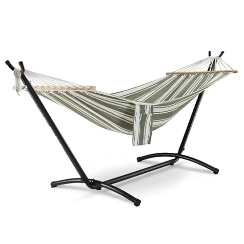 Image of VonHaus Hammock with Stand - Freestanding 2 Person Striped Hammock Seat with Steel Frame - Polycotton Material & Adjustable Frame for Garden - Travel Bag for Outdoors (Green, 1 Person)