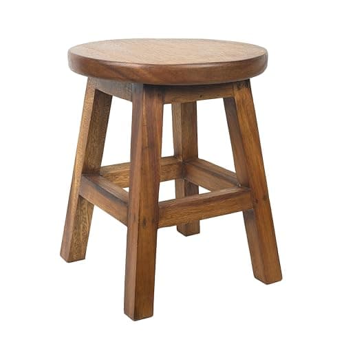 Image of Crafty Artisan 16 Inch Acacia Wood Stool with 13 Inch Round Seat – Solid Hardwood Rustic Farmhouse Accent Stool, Hu honey Brown Finish