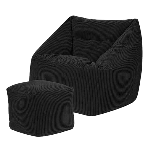 Image of GREENSAPPIRE Large Charcoal Grey Bean Bag Chair with Footstool – Adult-Sized Sofa with Filling for Living Room & Bedroom (Black)