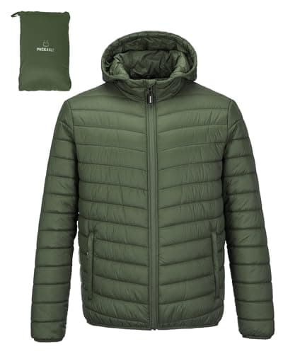 Image of Outdoor Ventures Mens Puffer Jacket Lightweight Water Resistant Hooded Jacket Insulated Puffy Coat Winter Packable Men's Jacket with Pockets for Hiking Camping Travelling Army Green L