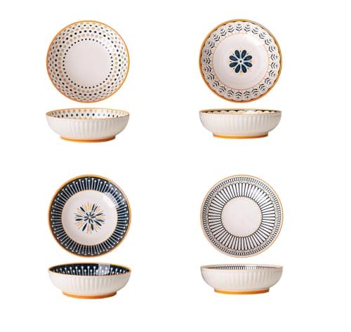 Image of Coolcapis Stoneware Serving Bowls 9" (22.8cm) Set of 4 – Hand-Painted Ceramic Salad Pasta Soup Bowls, Embossed Exterior, Nordic Style Dinnerware, Microwave & Oven Safe, Dishwasher Safe