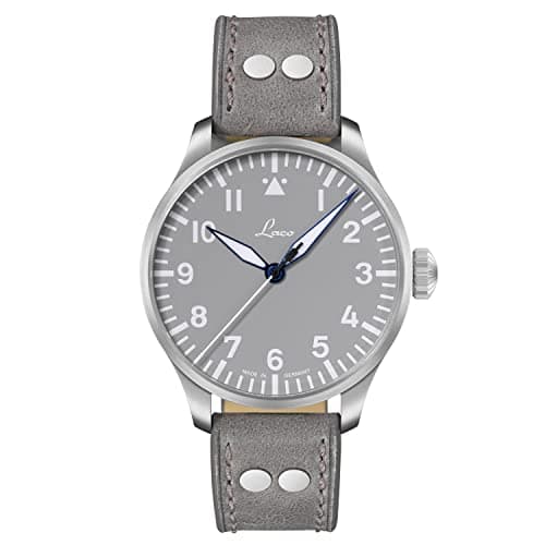 Image of Laco Aviator Watch, Automatic Watch, Stainless Steel Case, Sapphire Glass, 5 Bar Made in Germany, Basis Augsburg Grey Leather Strap Grey Dial, Herren, Strap