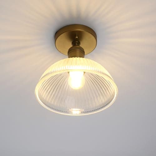 Image of Yosoan Industrial Ceiling Lights, Ribbed Dome Glass Pendant Light, Ceiling Lamp for Kitchen Island Bedroom Living Room (Antique Gold)