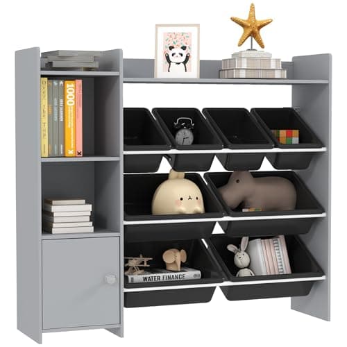 Image of AIYAPLAY Toy Storage Unit, with 8 Removable Bins, Storage Shelves, Cabinet, Toy Organiser, for Playroom, Kids Room, Nursery, Grey