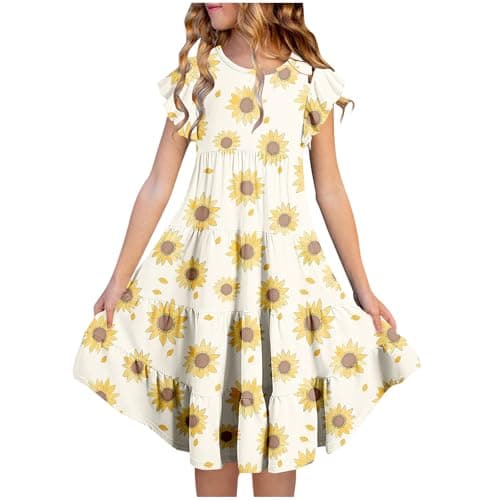 Image of duxyoz Girls Party Dress Girl's Summer Sundress Short Sleeve Skater Swing A-Line Cute Midi Casual Dresses Kids Flora Printed Boho Princess Dress Lightweight Flowy Sundress with Pockets 6-7 Years