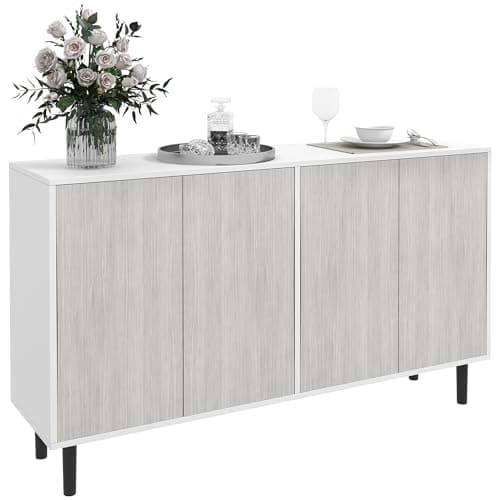 Image of HOMCOM Modern Sideboard with 2 Cupboards, Kitchen Storage Cabinet for Living Room with Adjustable Shelves, 4 Doors and Solid Wood Legs, White