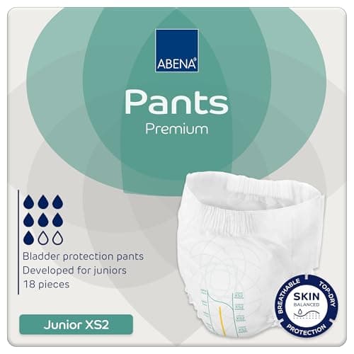 Image of Abena XS2 Junior Nappy Pants, Eco-Labelled Nappy Pants with Enhanced Leakage Protection, Fast Absorption & Breathable Comfort – Size 7 (Age 5–15, 55–80 cm Waist), 14 Pack