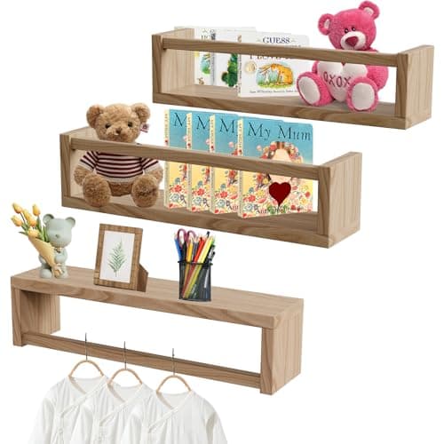 Image of Emooncn Baby Floating Shelves, Set of 3 Nursery Shelves Wooden Baby Book Shelf Toys Storage Organizer Wall Bookshelf for Kids Bedroom Living Room,Easy to Hang, 40CM