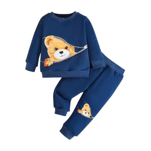 Image of Similotey Baby Boy Outfit Set Bear Print Long Sleeve Sweatshirt + Pants Toddler Baby Boy Clothes, Blue, 3-6 Months