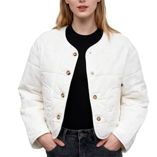Image of Amazhiyu Womens Padded Jacket, Autumn/Winter Lightweight Quilted Jackets, Outdoors Long-Sleeved Button Down Coat with Pockets White M