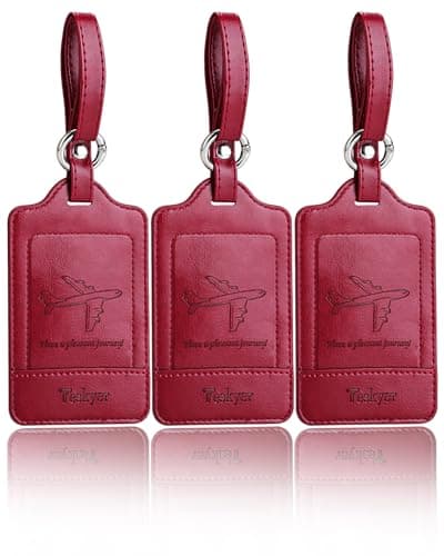 Image of Teskyer Pack of 3 Luggage Tags, PU Leather Luggage Tags for Suitcases, Luggage Labels with Name ID Card, Noticeable, Durable, Travel Accessories, Wine Red