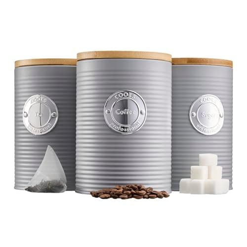 Image of Cooks Professional 3 Piece Ribbed Tea, Coffee, & Sugar Cannisters with Air-Tight Bamboo Lids | Stainless Steel Kitchen Storage Bin Set | Modern & Stylish | Grey & Silver