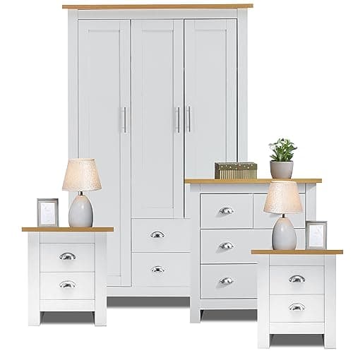 Image of Bedroom Furniture Sets with 3 Door Wardrobe & 2+2 Drawer Chest of Drawer + 2 Drawer 2 Bedside Table Cabinet Bedroom Set for 4 Piece Bedroom Storage furniture Set, White & Oak