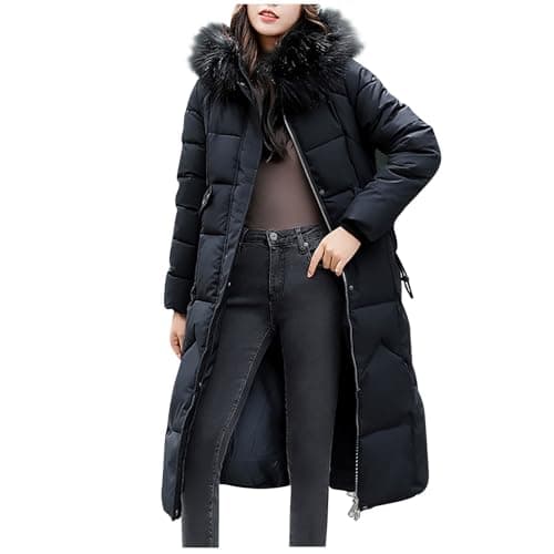 Image of Mrat Puffer Coat for Women UK Longline Padded Maxi Down Coats with Faux Fur Hood Winter Warm Thickened Quilted Parka Jacket Ladies Windproof Long Overcoat Loose Fit Windbreaker Jackets Outerwear M-4XL