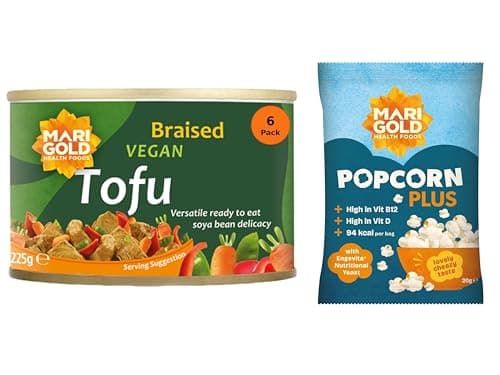 Image of Marigold Health Foods Braised Vegan Tofu 225g (Pack of 6) + Free Popcorn – High Protein Plant-Based Soya, Ready to Eat, Gluten Free, Traditional Asian Recipe, Versatile Meat Alternative