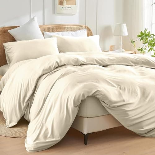 Image of SSW HOMES Double Size Duvet Cover Sets (Cream) - 3 Pcs Brushed Microfiber Plain Dyed Quilt Cover - Bedding Set with Button Closure Include 1 Duvet Cover & 2 Pillowcases