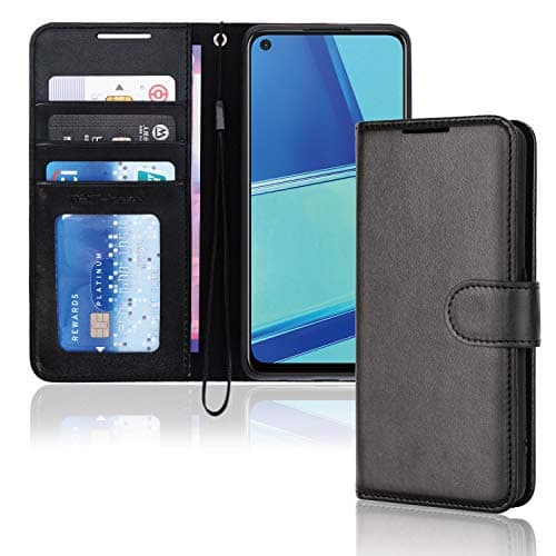 Image of TECHGEAR Leather Wallet Case for Oppo A72 / A52 / A92, Flip Protective Case Cover with Wallet Card Holder, Stand & Wrist Strap - Black PU Leather with Magnetic Closure