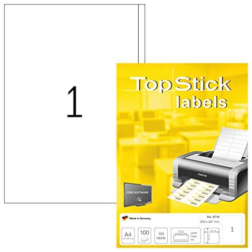 Image of TopStick 8719 Multi-Purpose Labels, 1 Labels Per A4 Sheet, 200 x 297 mm, 100 Labels, Self Adhesive, Large Stickers for Laser and Inkjet Printers, White