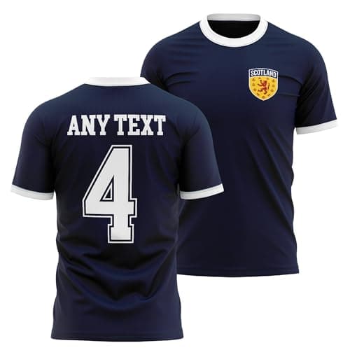 Image of Scotland Ringer T Shirt - Rampant Lion Badge Custom Name Number Tee - Scottish Football Fan Supporter Top, XL, Navy/White