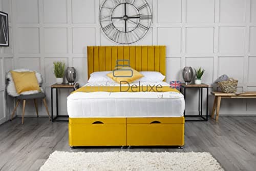 Image of Comfy Deluxe LTD Apollo Ottoman Bed Base - 4FT6 Double, Mustard | Plush Velvet Divan Storage Bed Frame with 26 Inch Headboard | Gas Lift Side Opening | No Mattress Included | UK Made