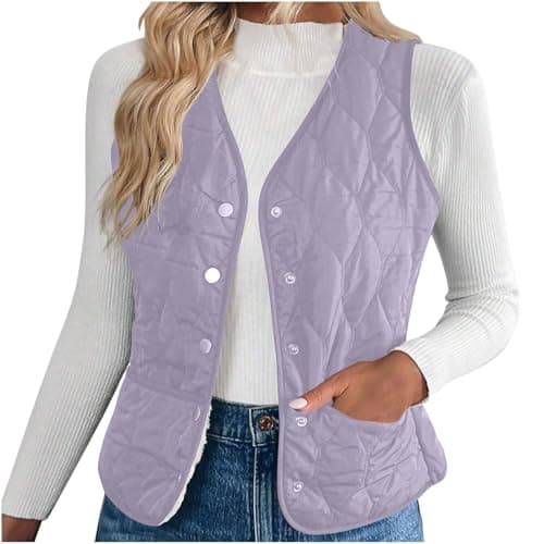 Image of NSICBMNO Purple Gilet For Women Uk Quilted Body Warmer Sherpa Fleece Gilet Padded Waistcoat Down Vest Thermal Body Warmer Ladies Button Up Quilted Jacket Sleeveless Puffer Jackets Winter Jackets M